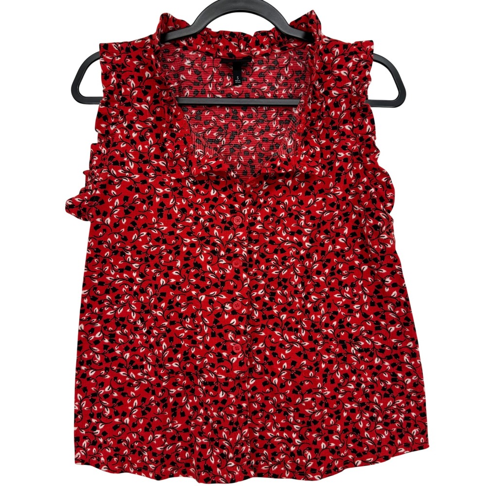 Who What Wear Sleeveless Blouse Women Small Red Floral Ruffle Button Down Top